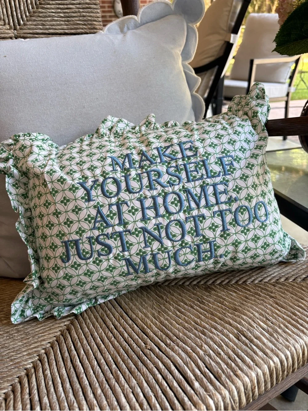 Green Patterned Embroidered Accent Pillow with Scalloped Edges